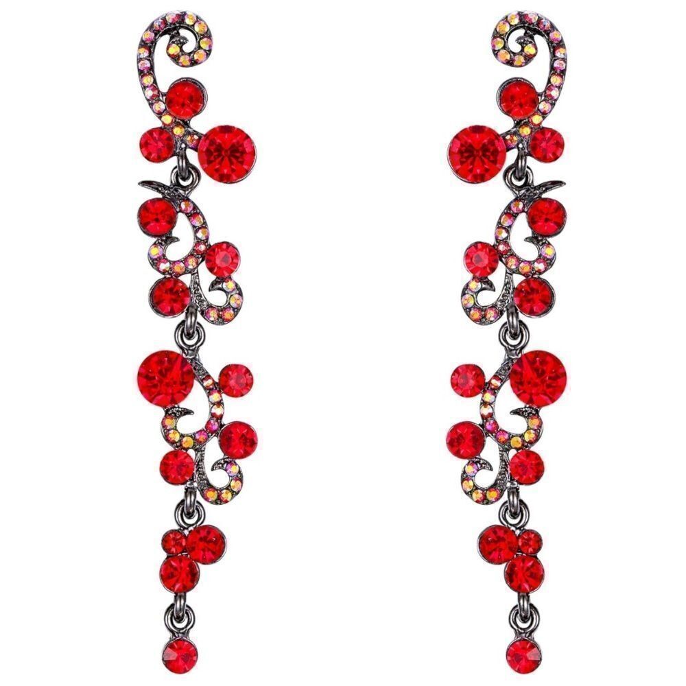 Gun Metal with Ruby Red and AB Austrian Crystal Wave Statement Post Earrings